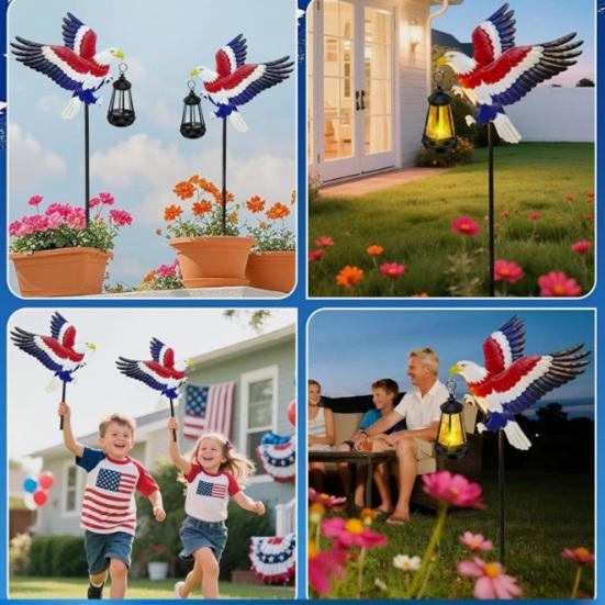 Baizihuahu American Eagle Garden Stake with Solar Lantern, 250th Anniversary Yard Art Stake, 4th of July Metal Decoration for Outdoor Lawn Patio Porch