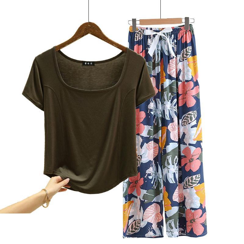 Fashion U Nek Tshirt and Floral Wide leg pants Summer fashion homewear 2pcs suit Loose Casual pajamas set comfort loungewear plus size