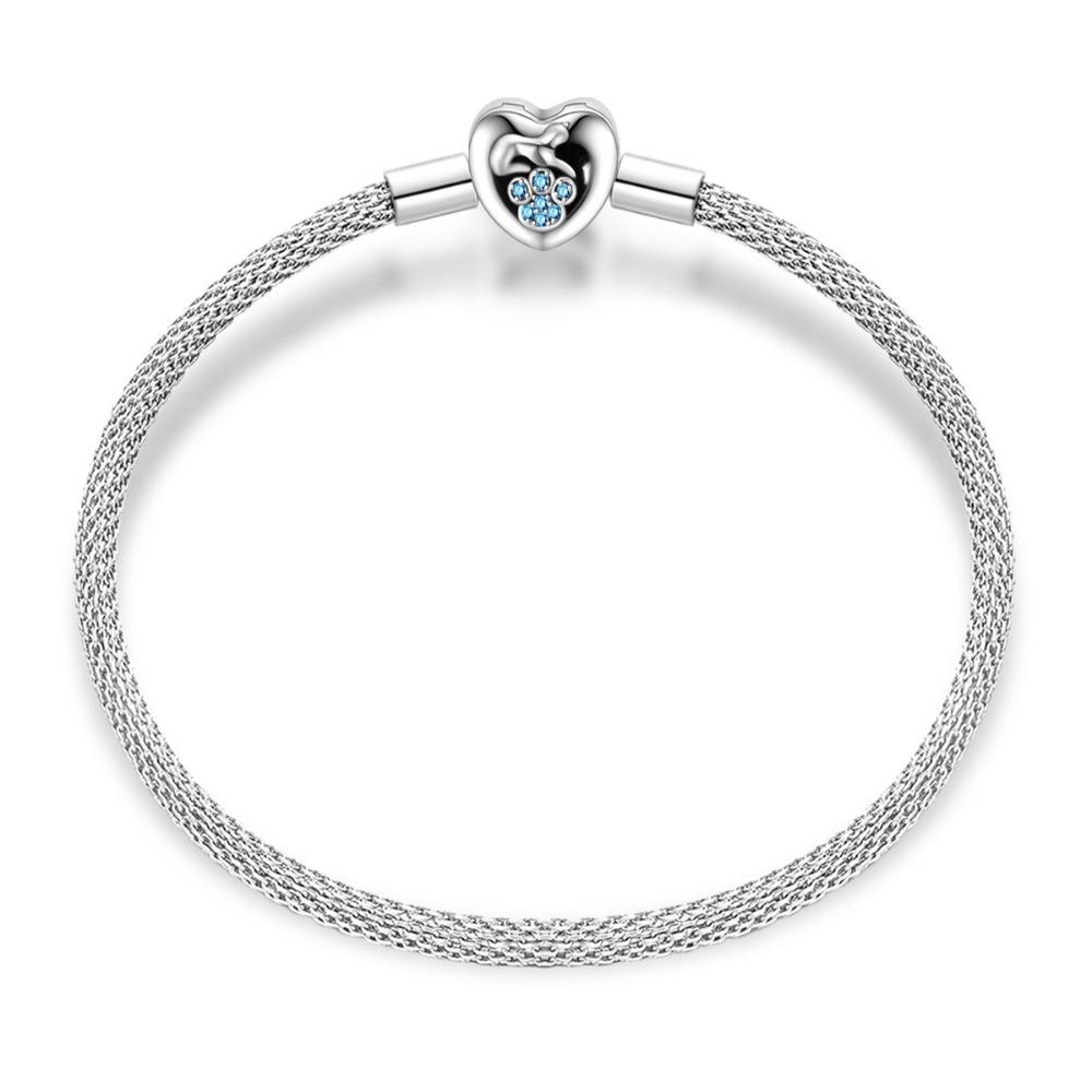 

925 Silver Plated Cat Paw Star Heart Charm Bracelet DIY Beads Fashion Accessory 20CM