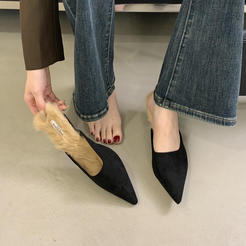 

Plush high heels high-end new fashion low-heeled bag head kitten and sandals pointed high-heeled slippers 35 чорний