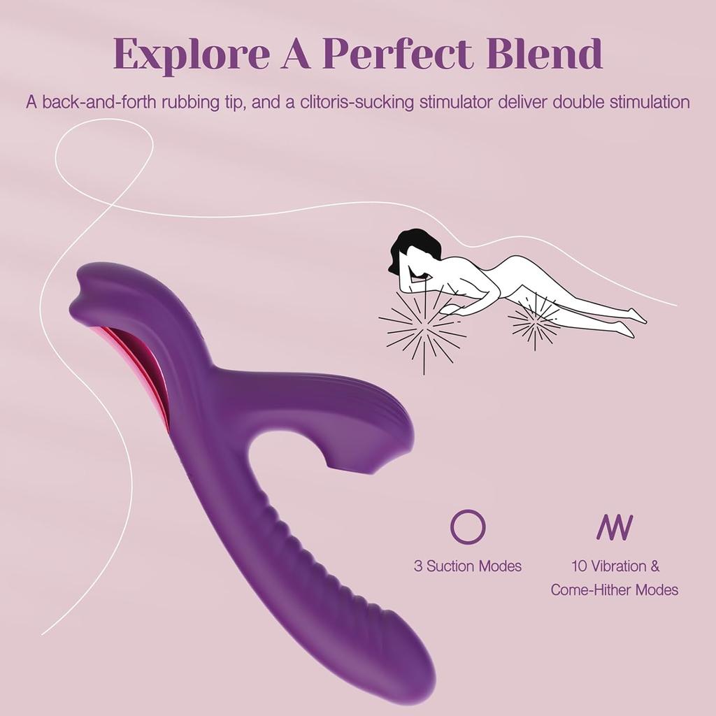 Rabbit Sucking Vibrator for Clitoral G Spot Stimulation, Adult Sex Toys, Vibrating Finger Massager with 3 Suction and 10 Vibration & Come-Hither Modes