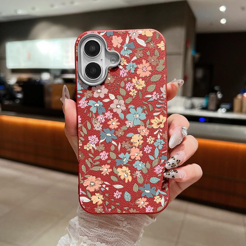Little Fresh Flower Print Leather Texture Phone Case For iPhone 16 Pro Max 15 Plus 14 Pro 13 12 11 Matte Slim Shockproof TPU Soft Bumper Cover