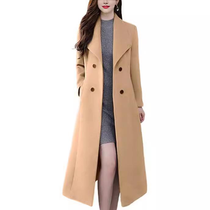 Autumn and Winter Woolen Coat for Women Over The Knee Thickened Large Size Lapel Super Long