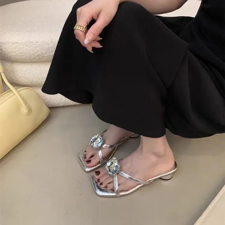 Fashion Women's Sandals Fashion Luxury Square Toe Diamond Open Toe Slippers Outdoor High Heels Zapatillas De Mujer