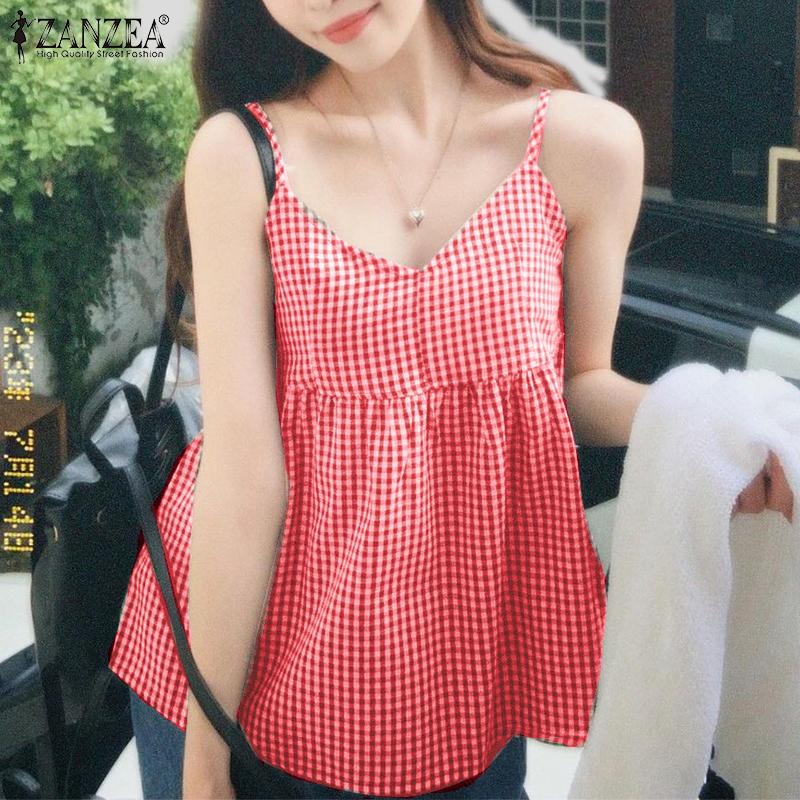 

ZANZEA Womens Summer Plaid Print Casual Sleeveless Camisoles 5XL синій