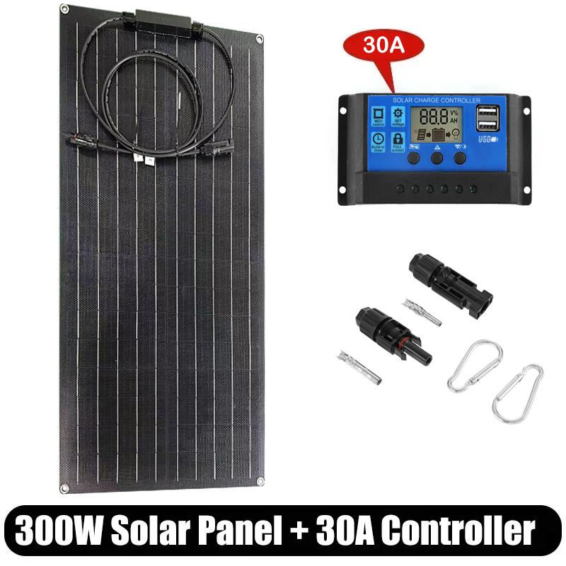 300W Solar Panel Kit 18V ETFE Flexible Monocrystalline Solar Cell Power Charger with 60A Controller for Camping Yacht RV Car 4