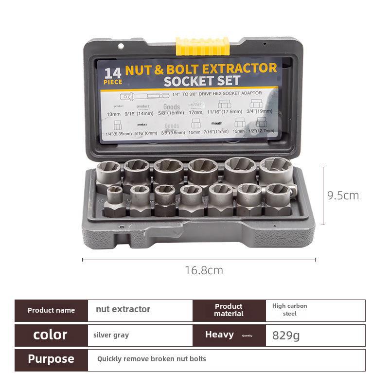 

Іржава втулка для виймання гвинтів і болтів: Конструкція проти ковзання, проти спіралі та проти зубів для пошкоджених гайок і шин 14-piece nut extractor