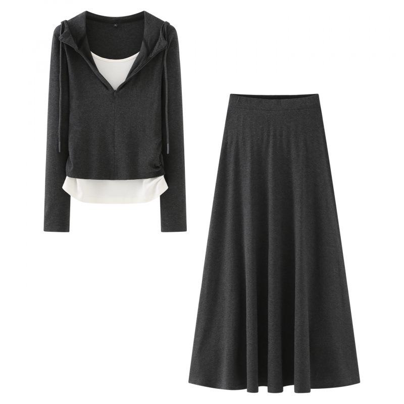 2026 Spring Loose Fit Hooded Top & Long Skirt Two-Piece Sports Set Medium серый