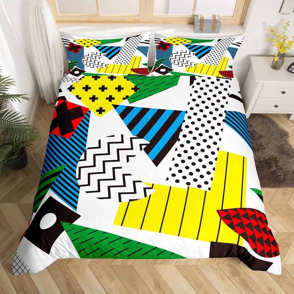 Blau Pink Memphis Bettwäscheset Bunte Abstrakte Bettbezug Hippie Hip Hop Deckenbezug Geometrisch Vintage Mode Steppdeckenbezug