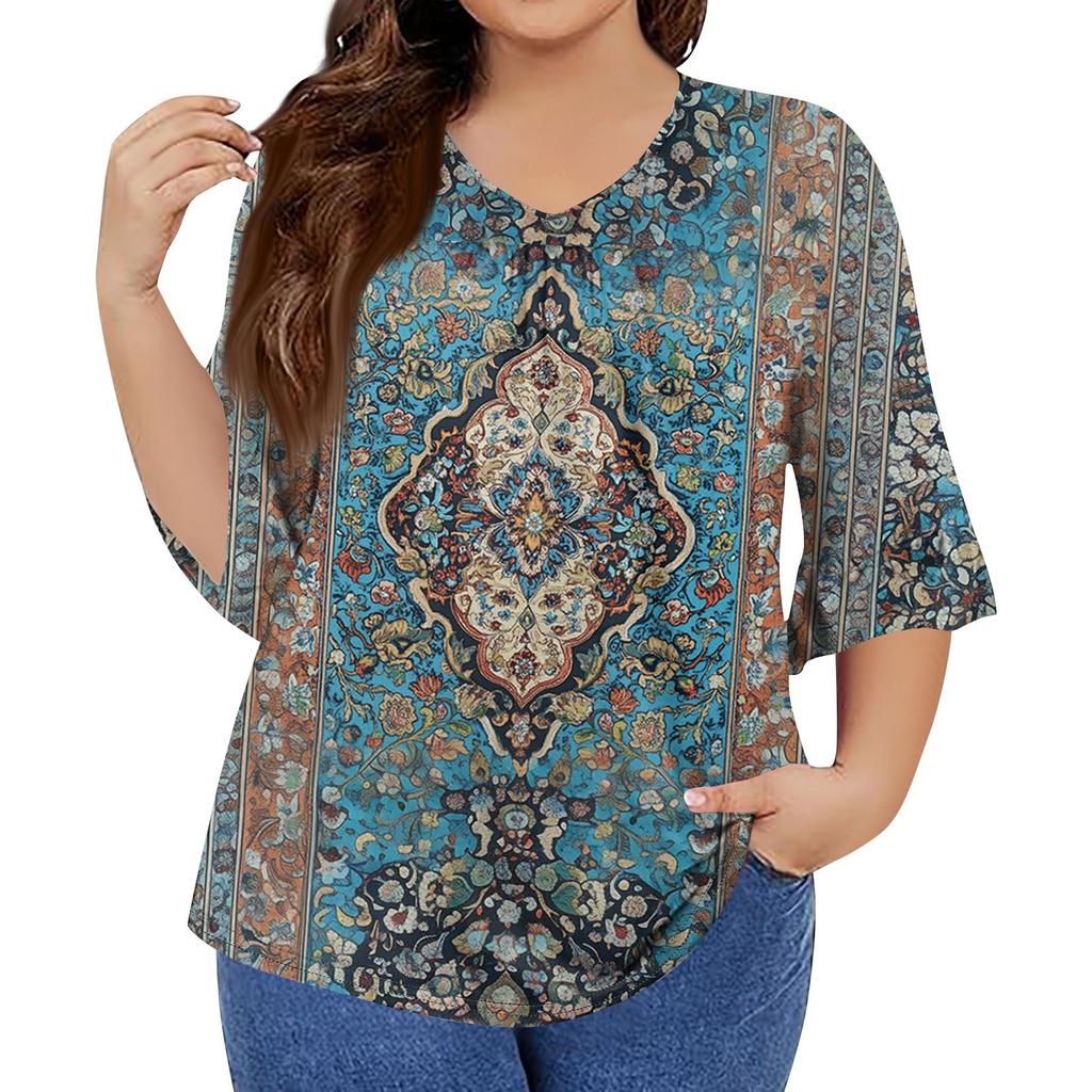 Women's Fashion Casual Retro Printed V-Neck Seven-Point Sleeve Ruffle Sleeve T-Shirt Tops Plus Size Women's