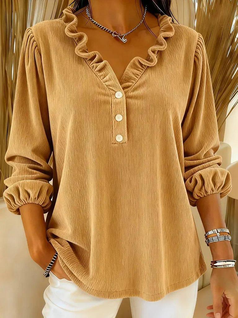 European & American Style Women's Corduroy Ruffle Collar V-Neck Long Sleeve Top