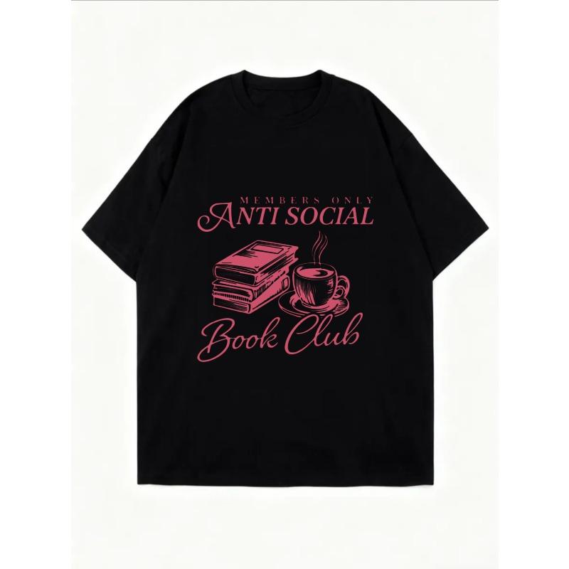 Oversized T-Shirt with Pink-Toned Book & Coffee Cup Print – "Anti Social Book Club" Literary Vintage Book Club Themed Top