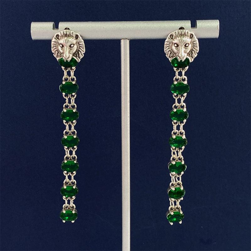 Mittelalterliche Ohrringe Damenstil Smaragdstein Lange Löwenkopf Ohrstecker Übertrieben Retro Ohrringe
