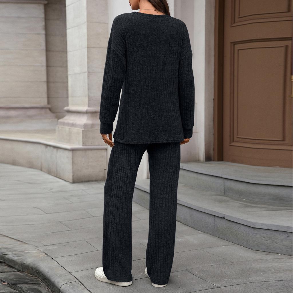 Women's Fashionable And Comfortable Round Neck Knit Long Sleeve Brushed Pants Loungewear Set