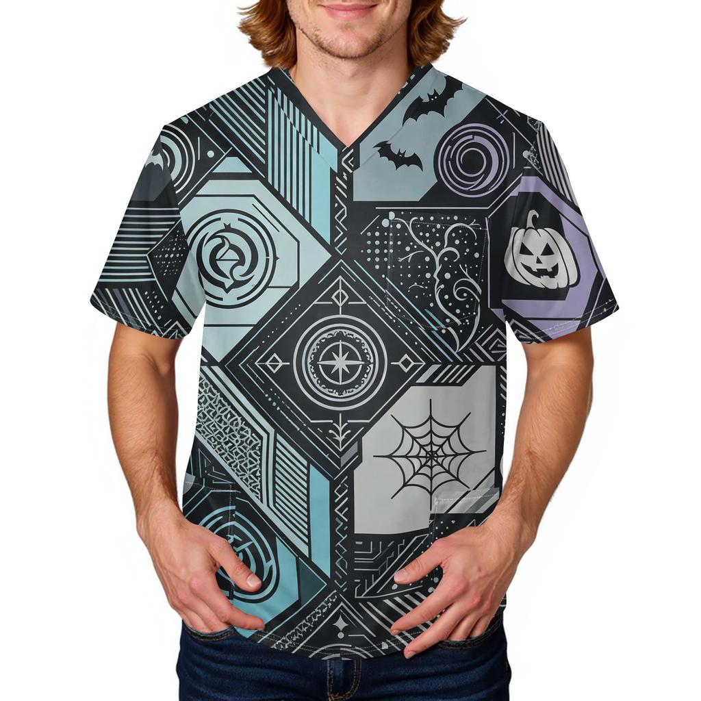 Men's Halloween Print Medical Scrub Top V Neck Pocket Comfortable Fit Daily Workwear for Healthcare Professionals