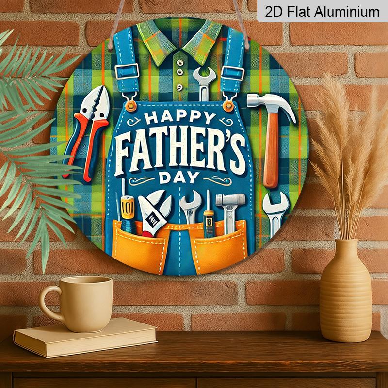 2D Flat, 1pc Round Happy Father's Day Aluminum Hanging Sign, Tool Apron Plaid Design, Durable Metal Wall Decor, Perfect for Dad Gift, Home, Bar