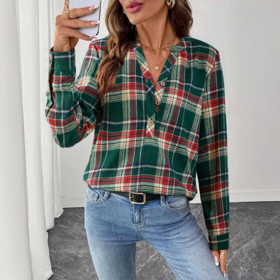 Damska Koszula Dekolt V Guziki Półplisa Długi Rękaw Pulower Wzór Kratka Casual Regularny Krój Koszula Biurowa