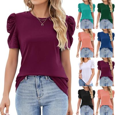 Damen Oberteile Kurzarm Lochstickerei Puffärmel Bluse Rollkragen Oberteile für Damen Freizeit Tanktops für Damen Sommer Mode