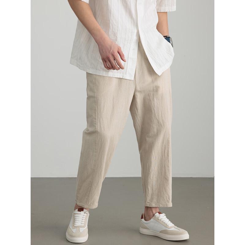 Hengyuanxiang Men's Summer Thin Cotton Linen Cropped Casual Pants