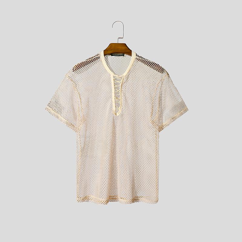 

INCERUN Сетчатые летние мужские футболки с коротким рукавом, прозрачные, с вырезами, с бандажами 5XL бежевый