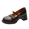 Retro Thick Heel Mary Jane Women's Shoes One-word Buckle with Round Head Loafers High Heel Light Mouth French Camellia Small Leather Shoes