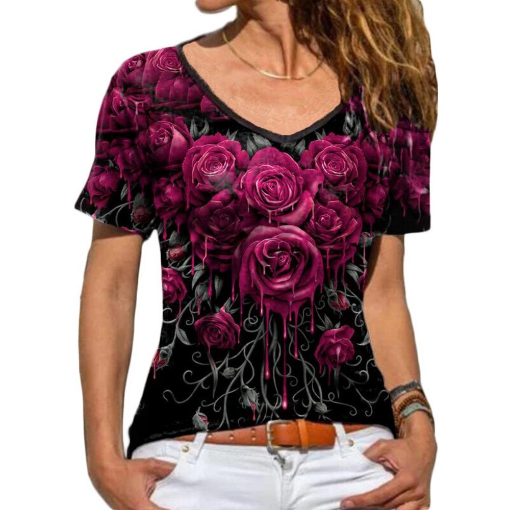 HNXC Women's Fashion Casual Summer Spring Floral Print Short Sleeve V-Neck Blouses & Shirts