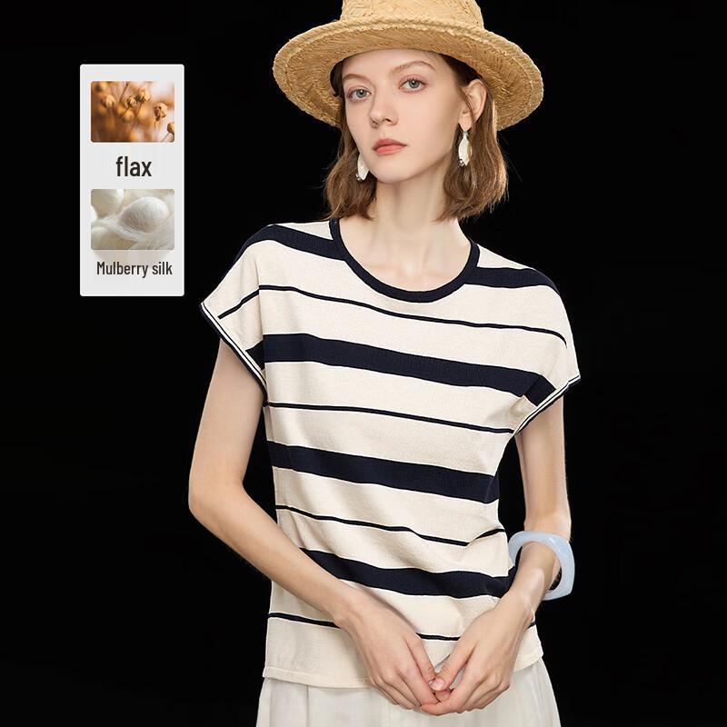 Women s Striped Round Neck Sleeveless Silk-Linen Blend Top M