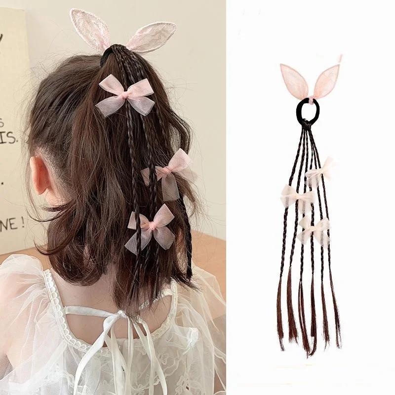 Sweet Wig Pigtail for Kids Girl Chic Butterfly Bow Rabbit Ear Children Wig Braid Hair Band Hair Accessories Headwear Ornament