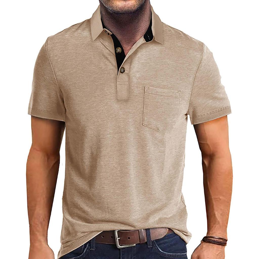 T-shirt estiva da uomo tinta unita con colletto aperto a 3 bottoni e top a maniche corte con bottoni