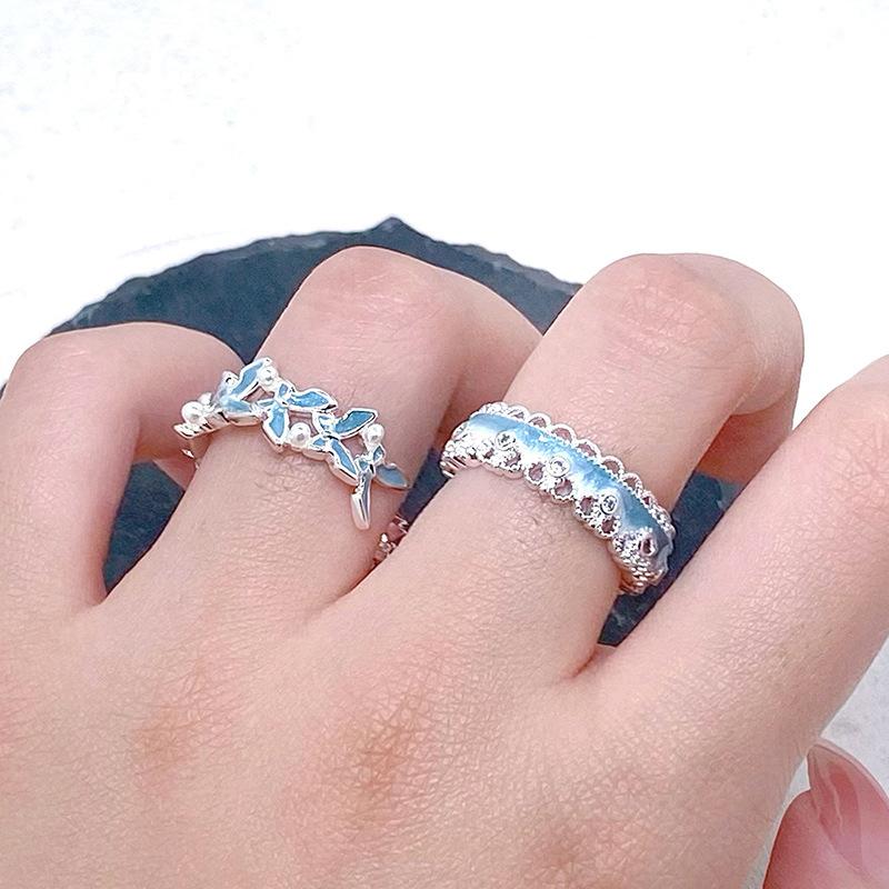 Small Fresh Sea Blue Enamel Dripping Oil Flower Butterfly Opening Ring Niche Light Luxury High-End Ring