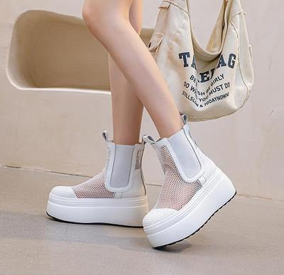 High Quality 8CM Air Mesh Microfiber Leather Ankle Boots Sandals Women Chunky Sneaker Platform Wedge Summer Comfy Shoes Hollow