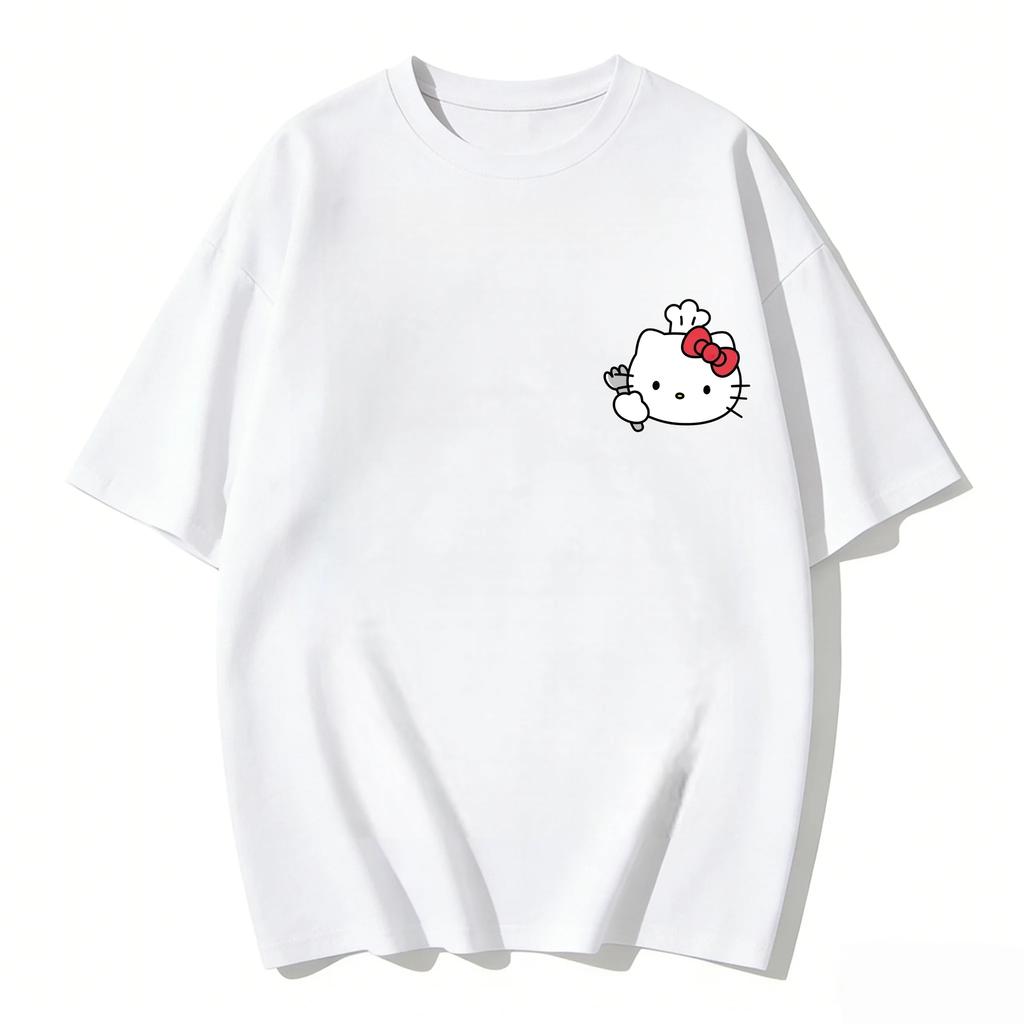 Womens 2026 New Hello Kitty Cartoon Printed Pure Cotton Womens Short Sleeved Tshirt Casual Trend Round Neck Womens Tshirt