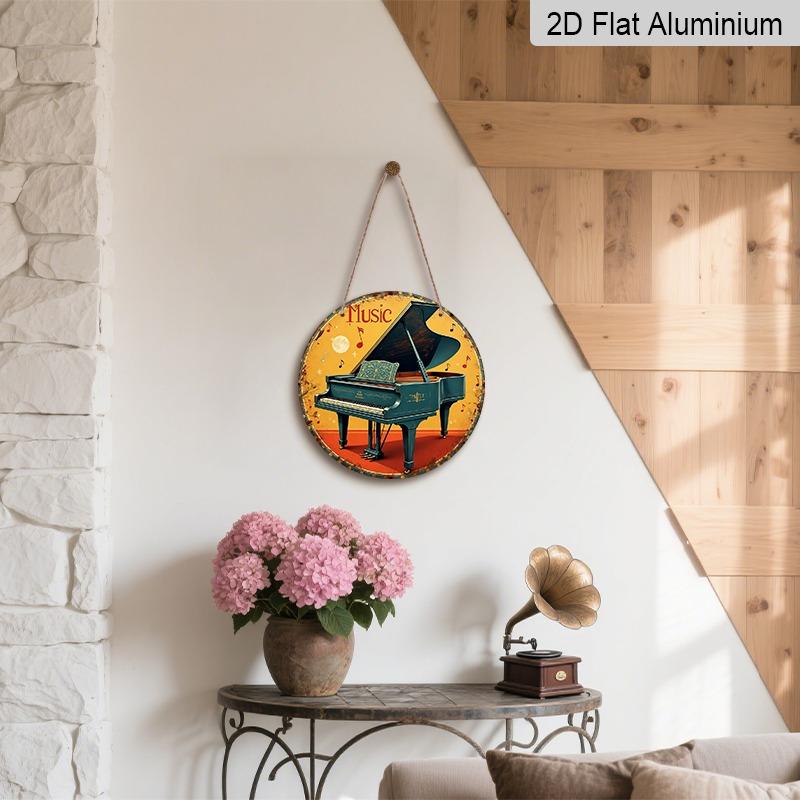 2D Flat Aluminum Decorative Plaques and Ornaments Sign, Hanging Wall Art with Classic Grand Piano Illustration, Retro Music Room Decor for Home