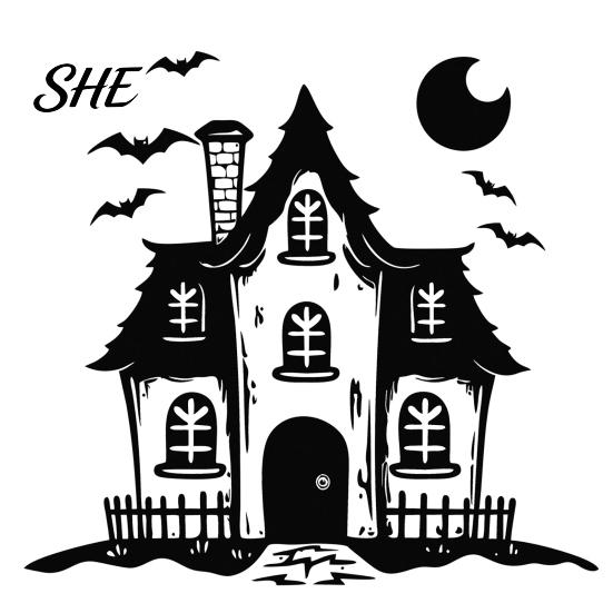 Retro Horror Theme Home Accents Halloween Castle Silhouette Wall Sticker, Haunted House Gothic Window Decal with Bats Spooky Bat Art And Crescent A