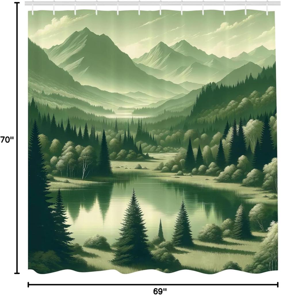 Sage Green Shower Curtain, Peaceful Scenario Of Mountain Landscape Featuring Lake And Woods Nature, Cloth Fabric Bathr