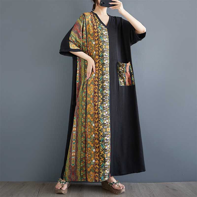 

Summer Cotton and Linen Printed Contrasting Dress, Women s Casual Dress L жёлтый
