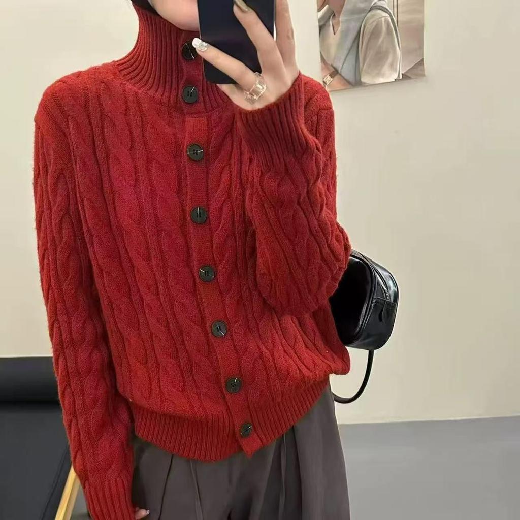 Women's Wool Cable Knit Cardigan: Retro Stand Collar Loose Sweater Coat, Available in Multiple Colors