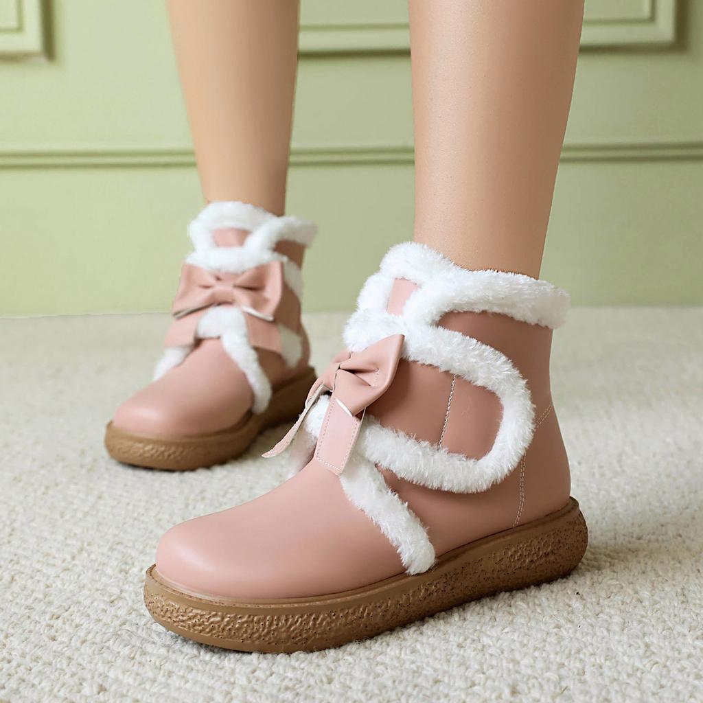 Cute Boots Women Winter Boots Lined Fashion Mid Calf Boots For Women Warm Fuzzy Boots Comfortable Womens Boots With Bowknot
