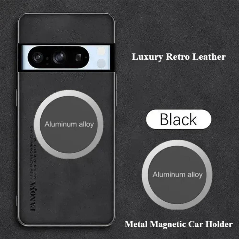 Business Retro Matte Lambskin Leather Case For Google Pixel 10 9 8 7 6 A Pro XL Metal Magnetic Car Holder TPU Soft Protect Cover