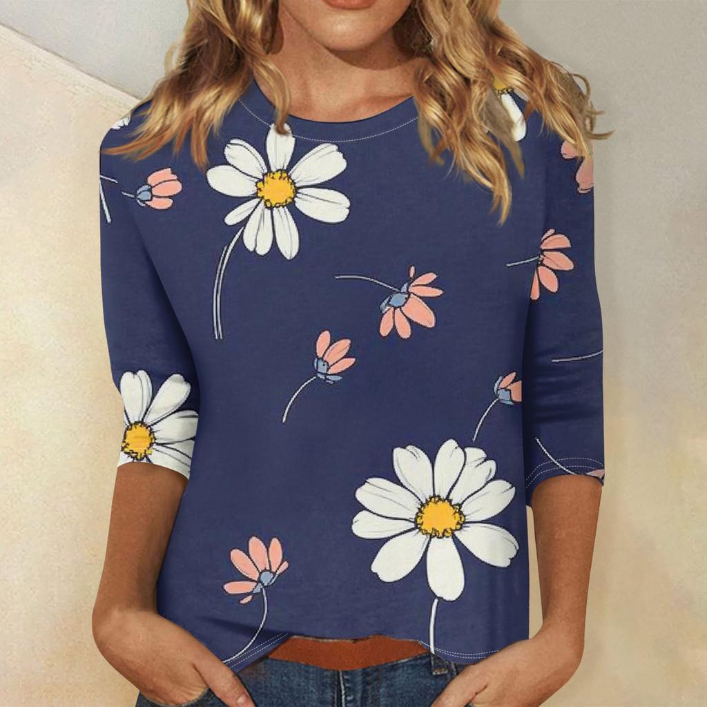 Casual Womens Round Neck Fashion 34 Sleeve Loose Printed Tshirt Ladies Top