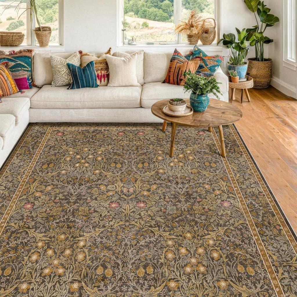 Vintage Modern Elegant Floral Vine Border Pattern Carpet Soft Decorative Mat Rug for Living Room Bedroom Home Decoration Rugs