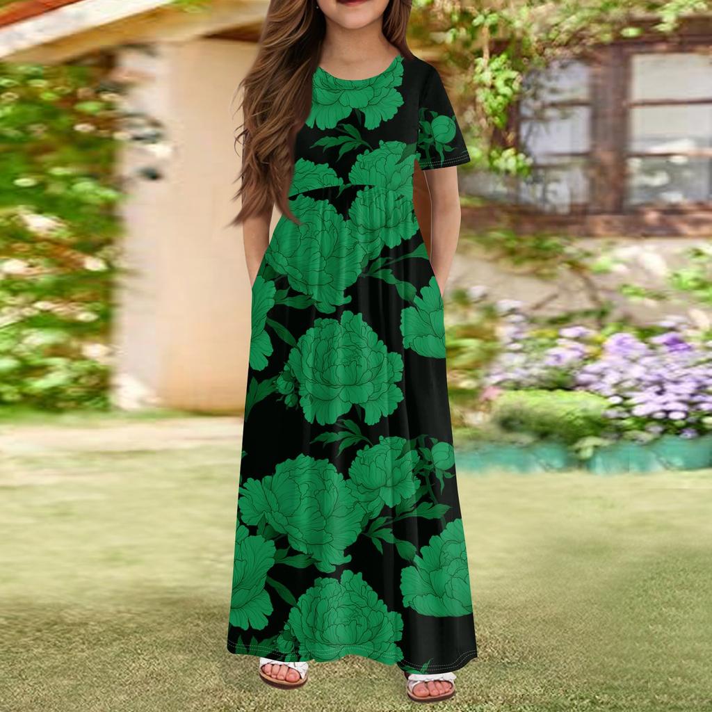 Girls' Long Summer Dress - Short Sleeve Pocket Maxi Dress For 4-14Y