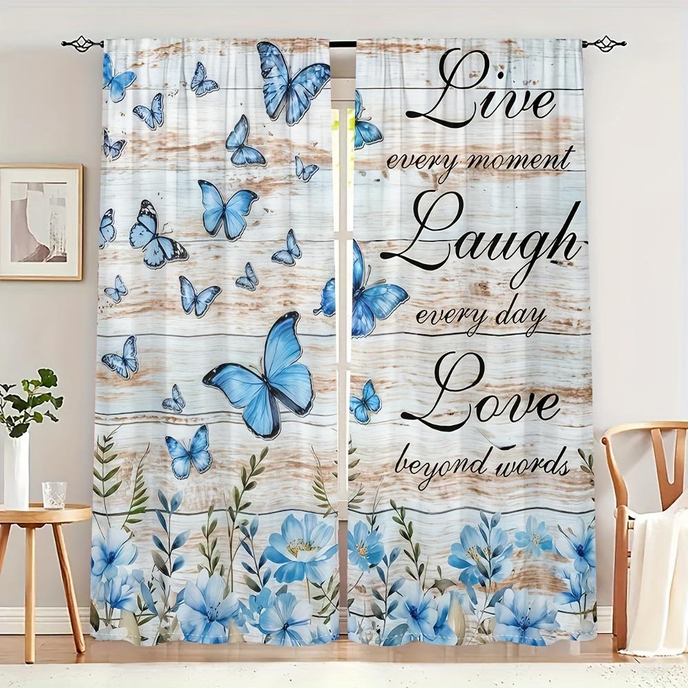 2pcs Set Blue Purple Butterfly Floral Curtains, Soft Polyester, Rod Pocket Design for Living Room, Bedroom, Kitchen, And Office