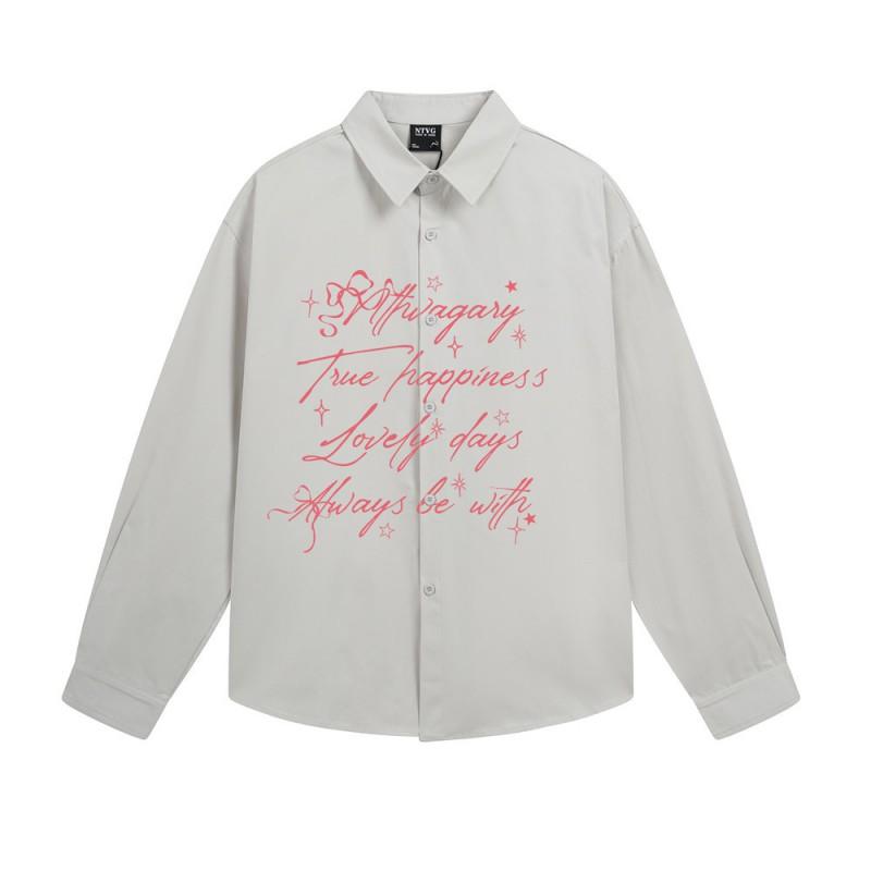 Mens Long Sleeve Shirt Street Style Graffiti Letter Print Loose Fit Casual Button Up Fall