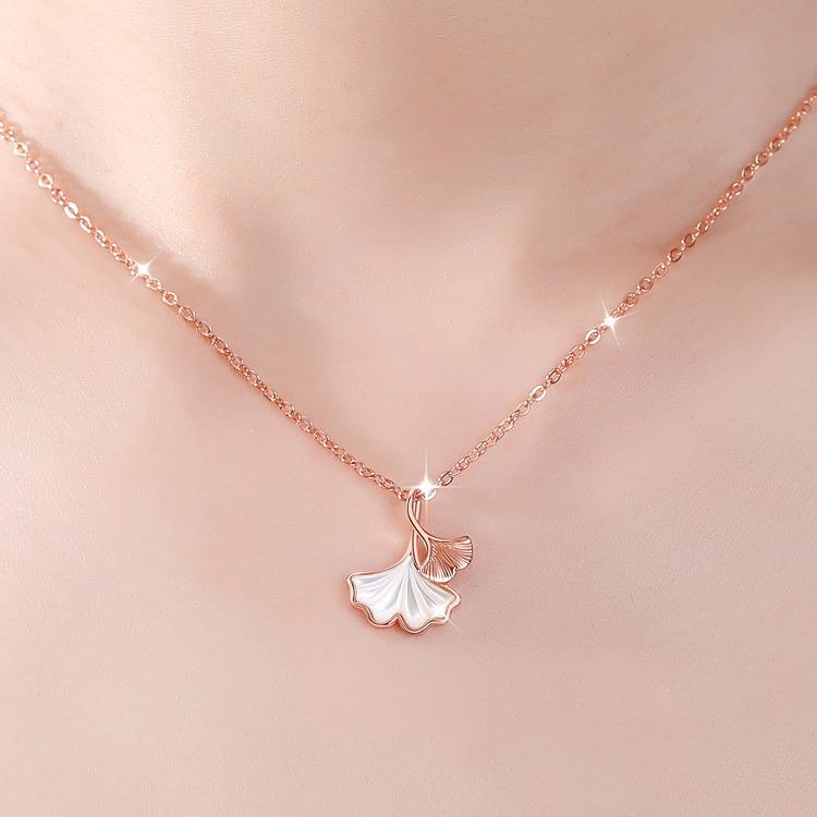 Three Lives Lucky Women's Ginkgo Leaf Pendant Necklace with White Mother-of-Pearl