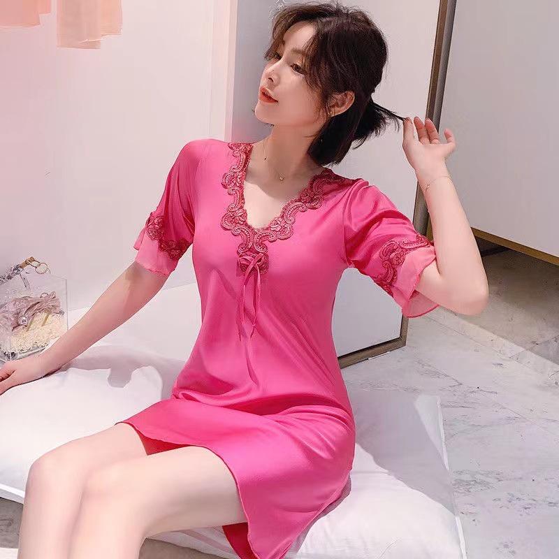 Camisón de manga corta fino de seda de hielo para mujer, ropa Sexy para el hogar de seda de imitación