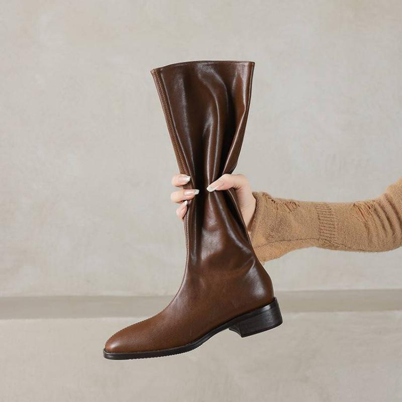 Autumn and Winter Women's Solid Color Leather Fashion Boots Rubber Sole Middle Heel Square Head Large Size Women's Boots New Cowhide High Boots