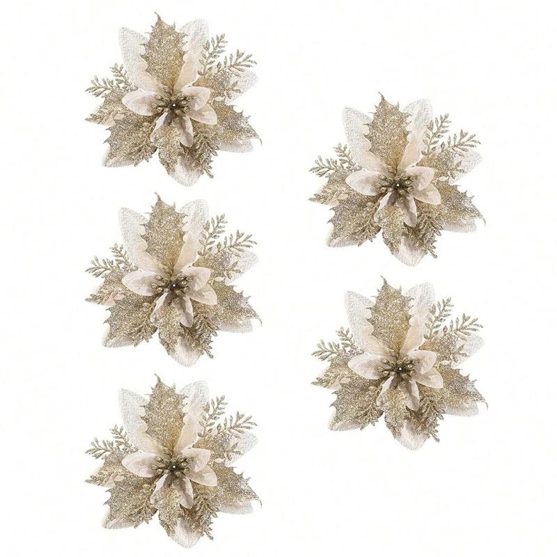 

5/10PCS Christmas Glitter Artificial Flowers Xmas Tree Ornaments Used For Wreaths, Garlands, Party Decorations
