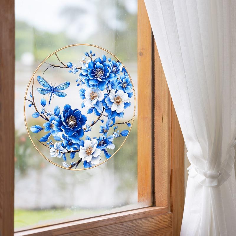 Painted Blue Flowers Butterflies Balcony Glass Windows Beautification and Decoration Electrostatic Uv Window Sticker