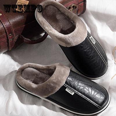 Women's Slippers Leather Winter Windproof Warm Plush Memory Foam Home Slippers for Men House Shoes Plus Size